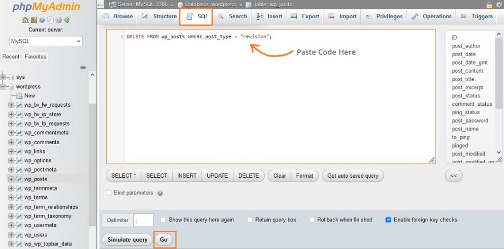 database SQL query for delete post revision from wordpress
