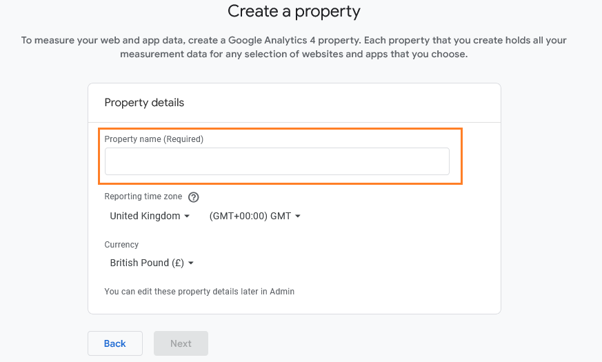creating google analytics property