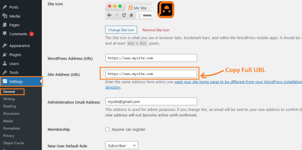 get site URL from WordPress admin to submit to search console