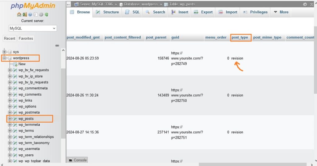delete WordPress post revision from phpmyadmin