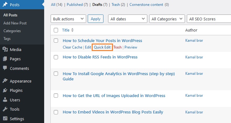 quick edit button to schedule WordPress post