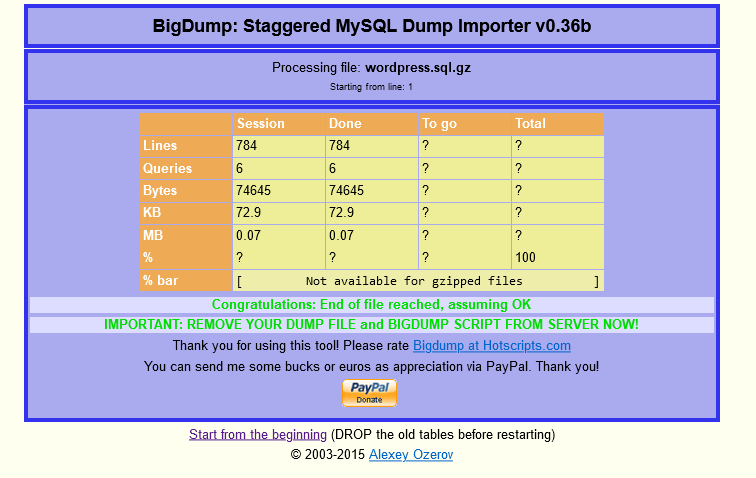 finishing Import Large WordPress Database 