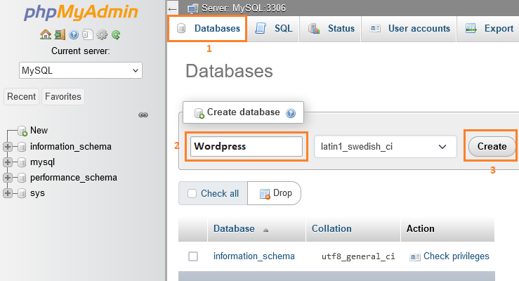 create mysql database to install WordPress on localhost