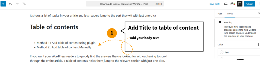 Add Table of Contents in WordPress using anchor links
