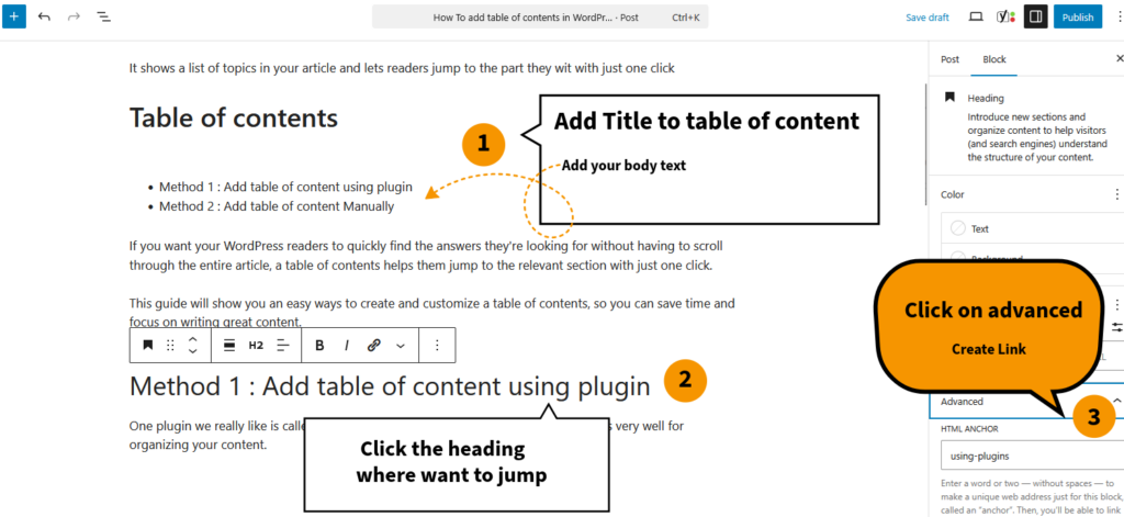 Add Table of Contents in WordPress using gutenberg 