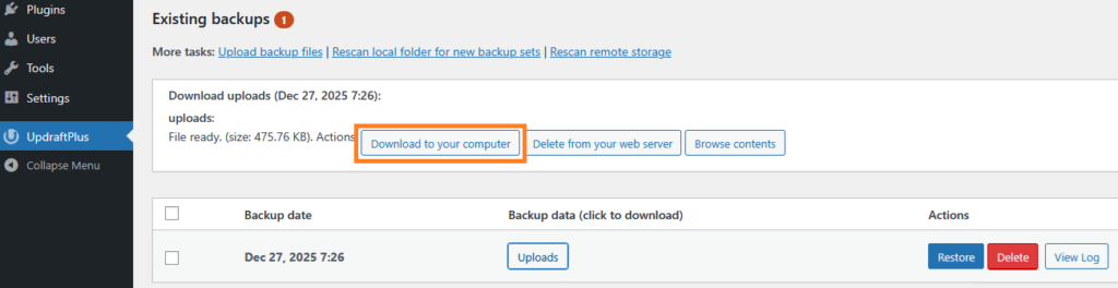 download wordpress media library to your computer