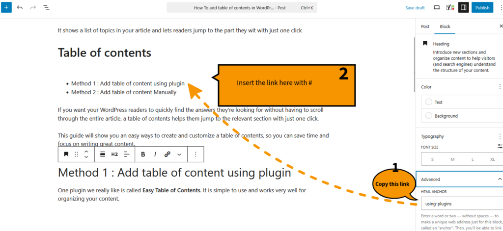 Add Table of Contents in WordPress using HTML Anchor