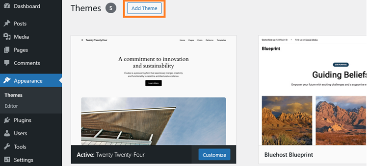 click add theme to change your WordPress theme
