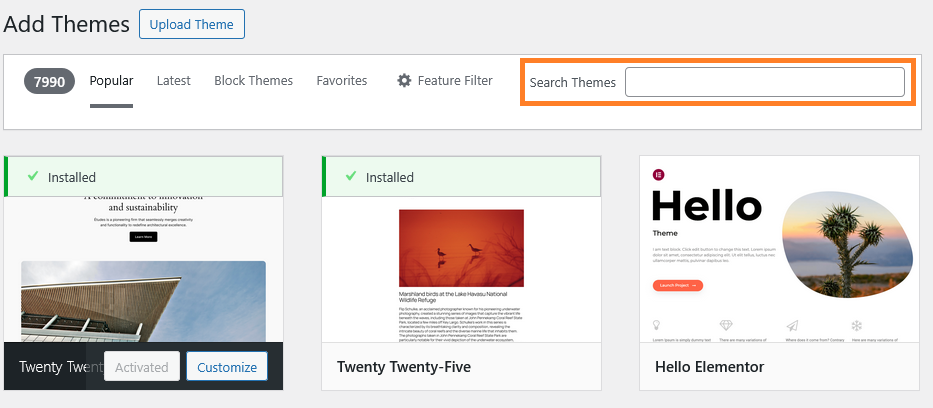 use search box to change your WordPress theme
