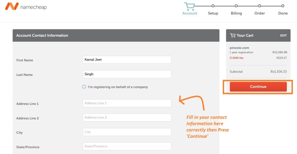 Account contact information on Namecheap