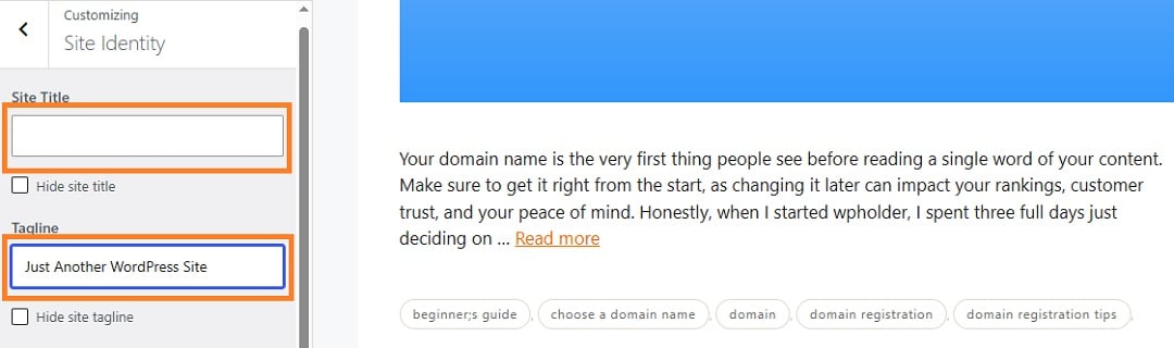 Changing title and tagline in WordPress Customizer