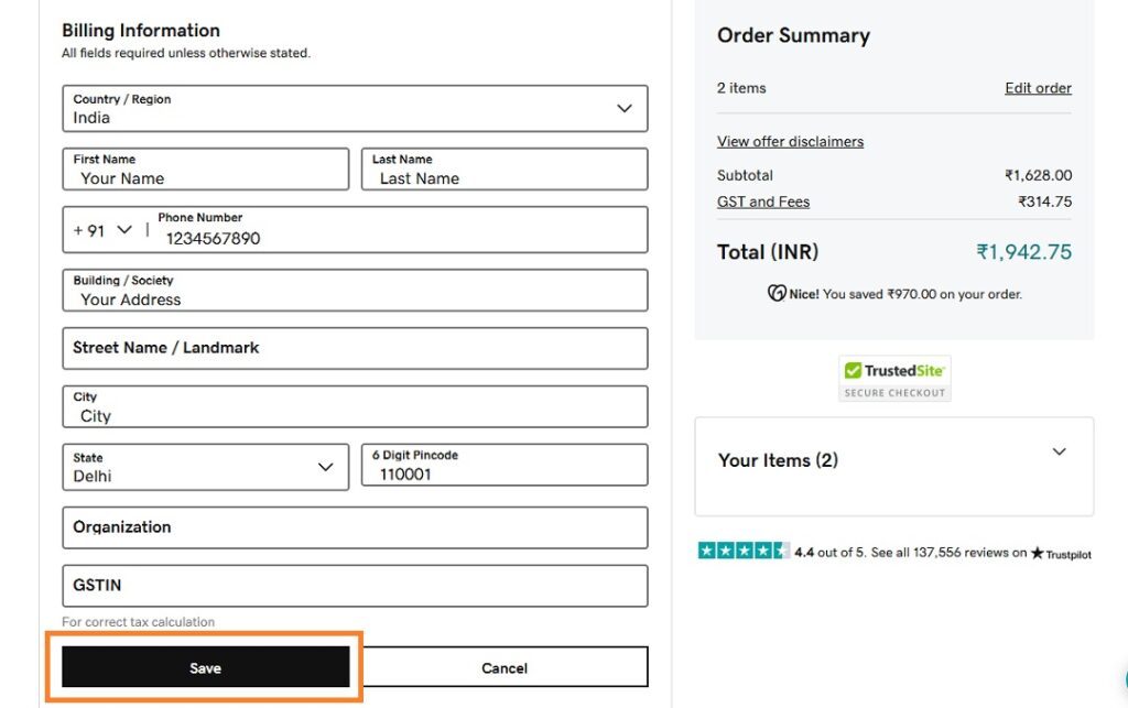 Contact information form at checkout on GOdaddy domain registration