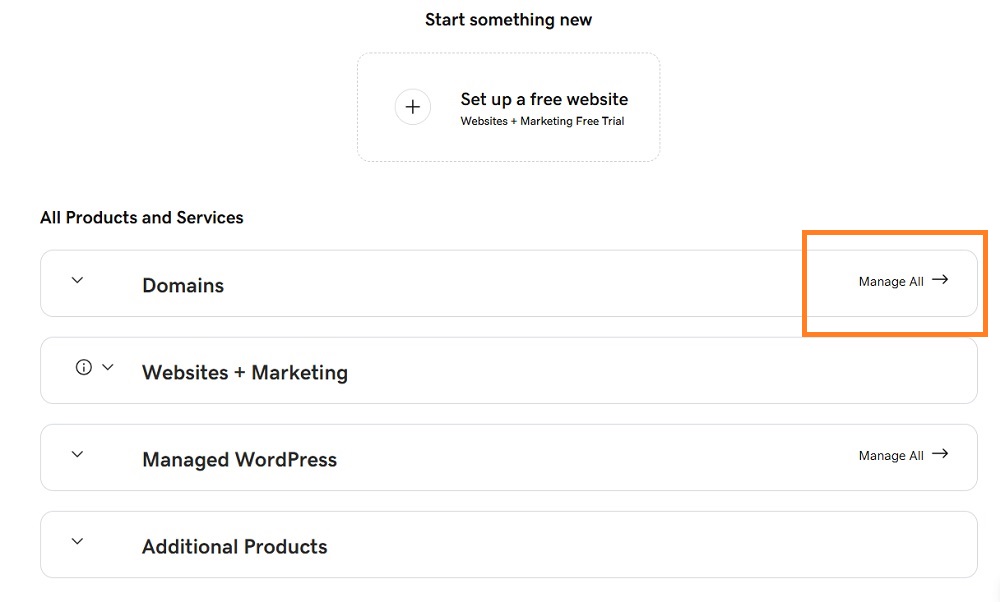 GoDaddy Dashboard my product page