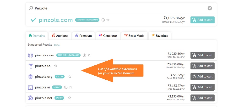 List of available extension for domain at namecheap