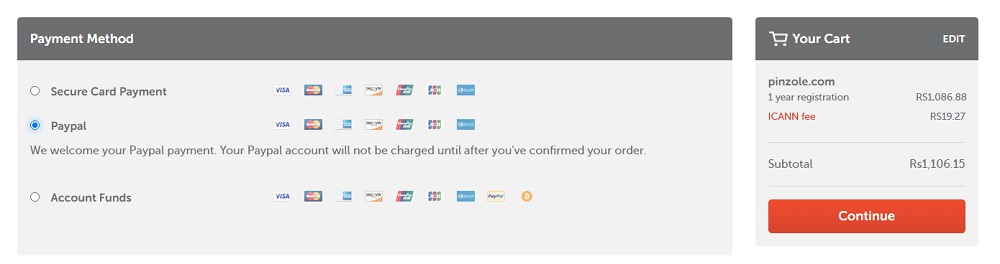Payment methods at Namecheap for domain registration