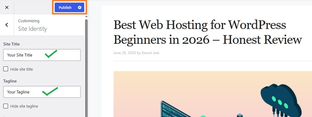 Publish the changes after setting new title and tagline