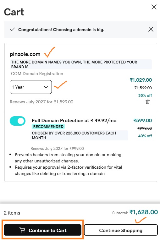 Reiew your Cart at godaddy while registering a domain name