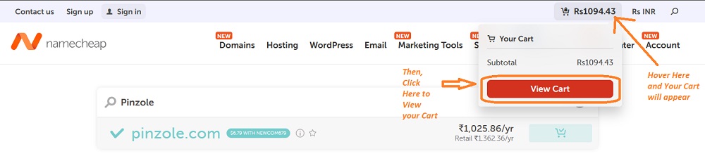 Review your Cart when buying a domain name at Namecheap