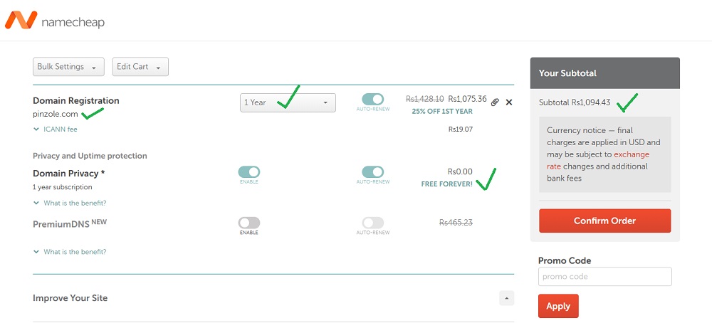 Review your cart page at namecheap