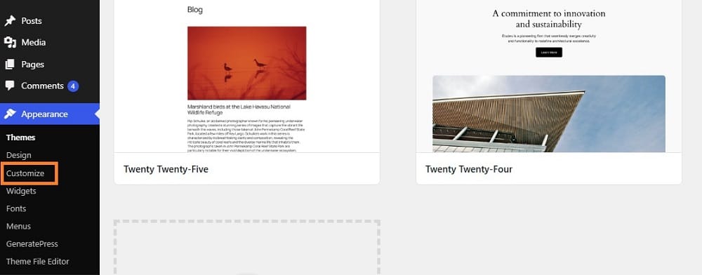 open wordpress theme customizer to change title and tagline